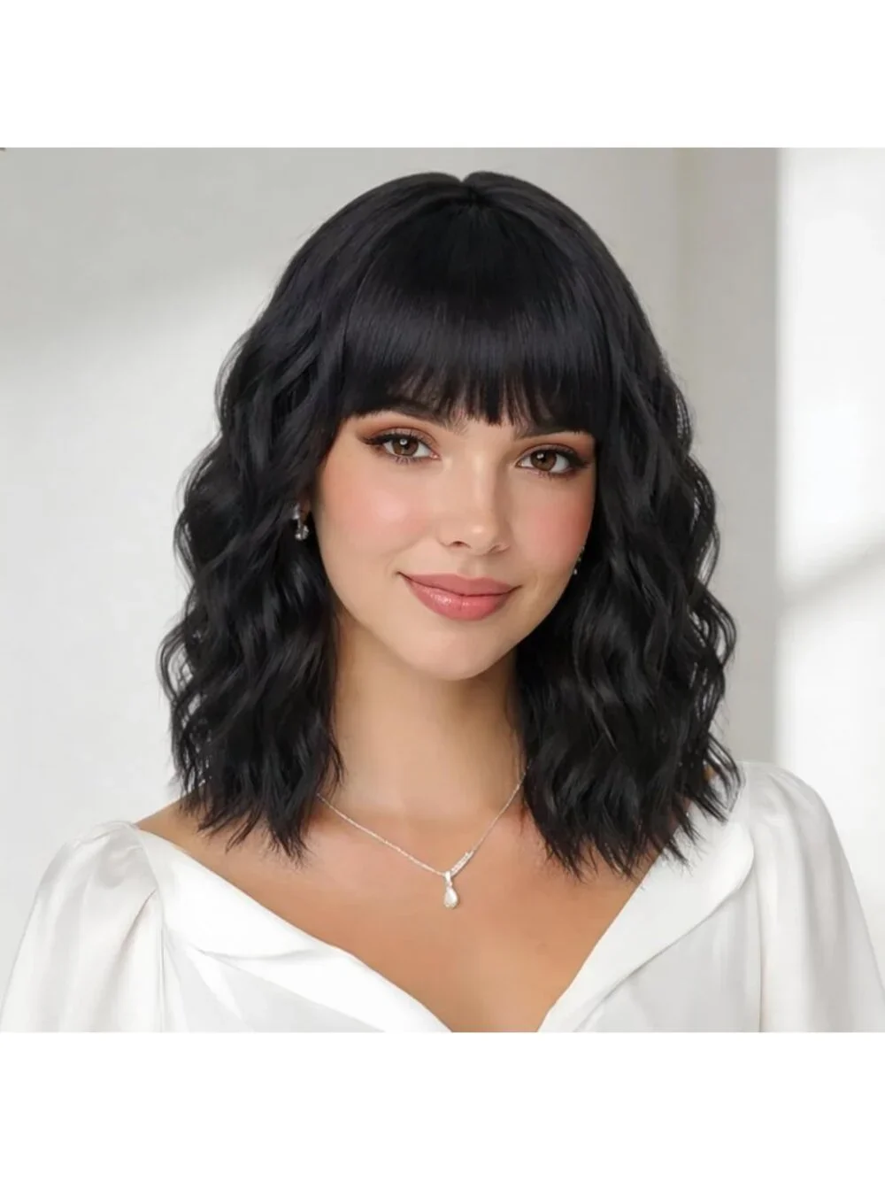 Women's Black 14 Inch Heat Resistant Synthetic Fiber Shoulder Length Wigs